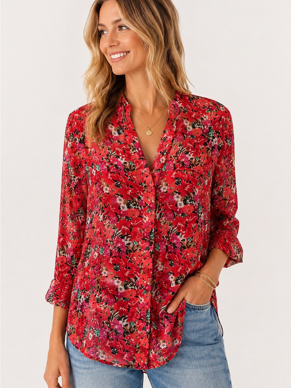 KUT From the Kloth Red Floral Sheer Button Down Blouse Size S